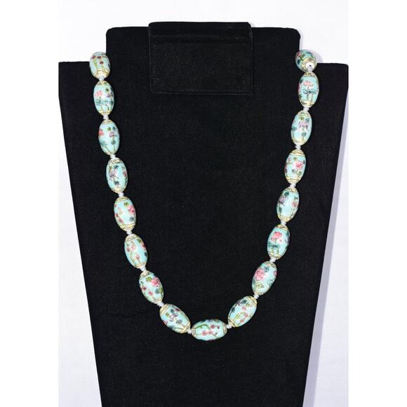 VINTAGE CHINESE FAMILLE ROSE VERTE PORCELAIN ENAMEL LOTUS FLOWER NECKLACE 25" - Picture 1 of 16